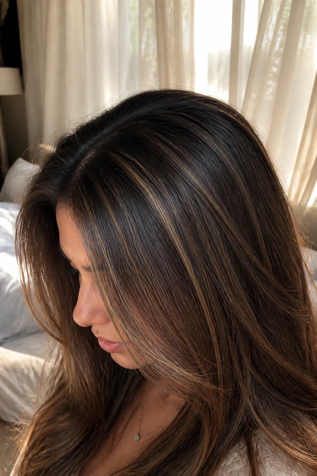 Close-up of top-front hair with micro babylights creating a soft glow