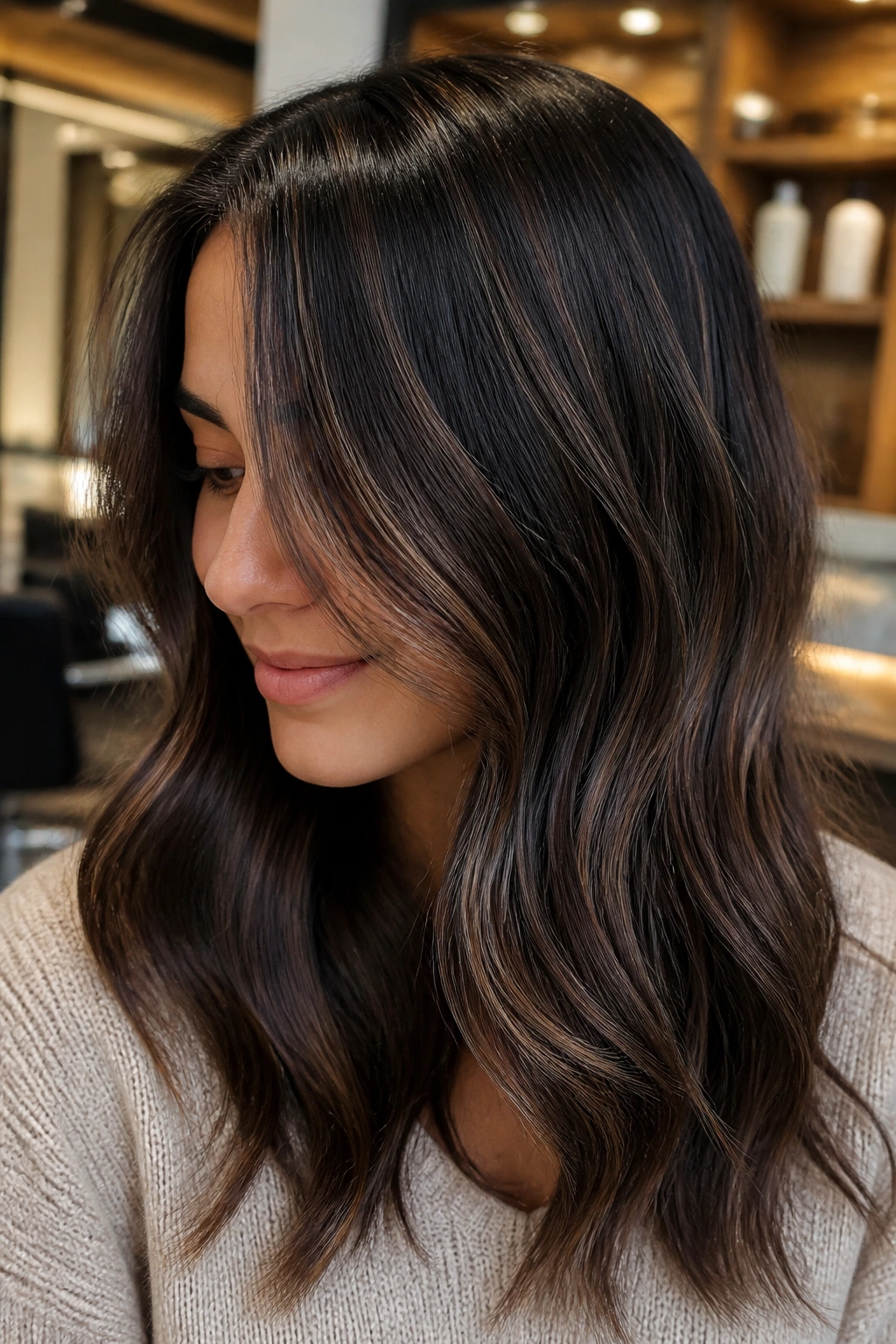 Close-up of espresso brown hair with micro-balayage on a real person