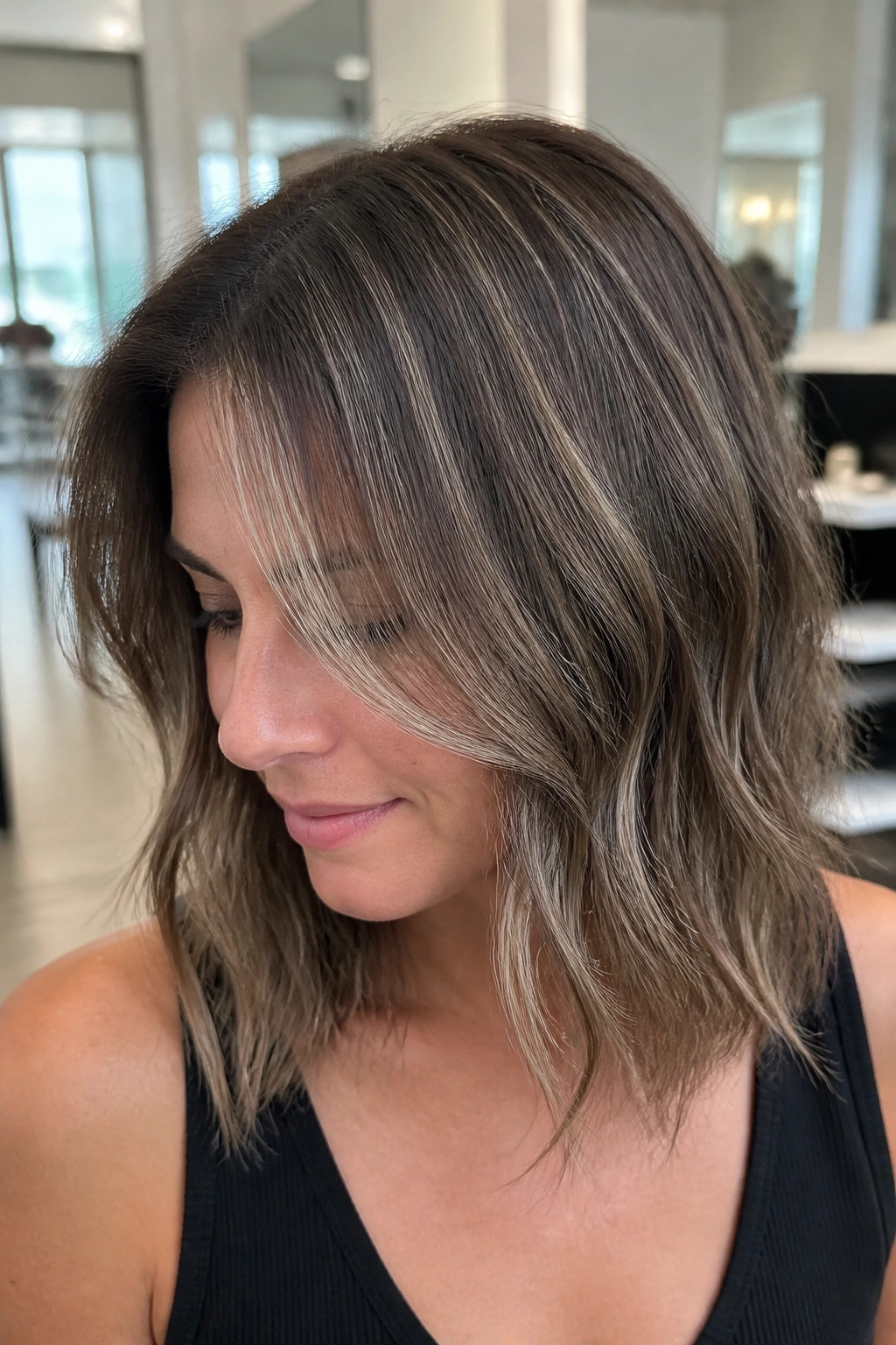 Fine brown hair with micro balayage silver pieces