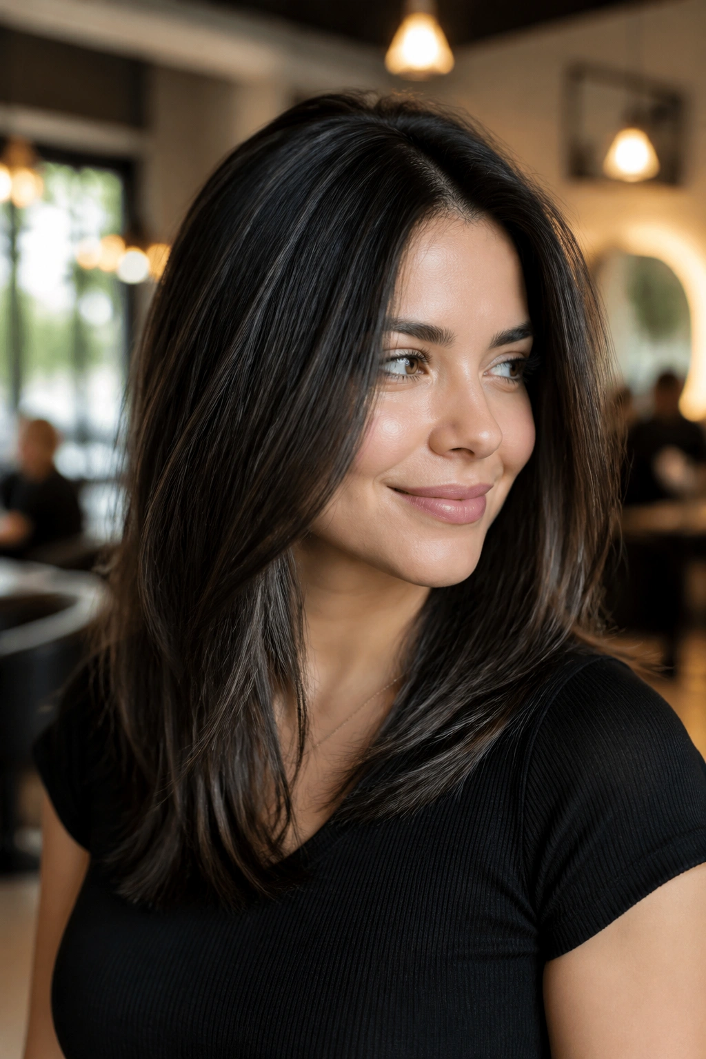 Close-up portrait of a real woman with micro-highlighted black balayage on fine hair