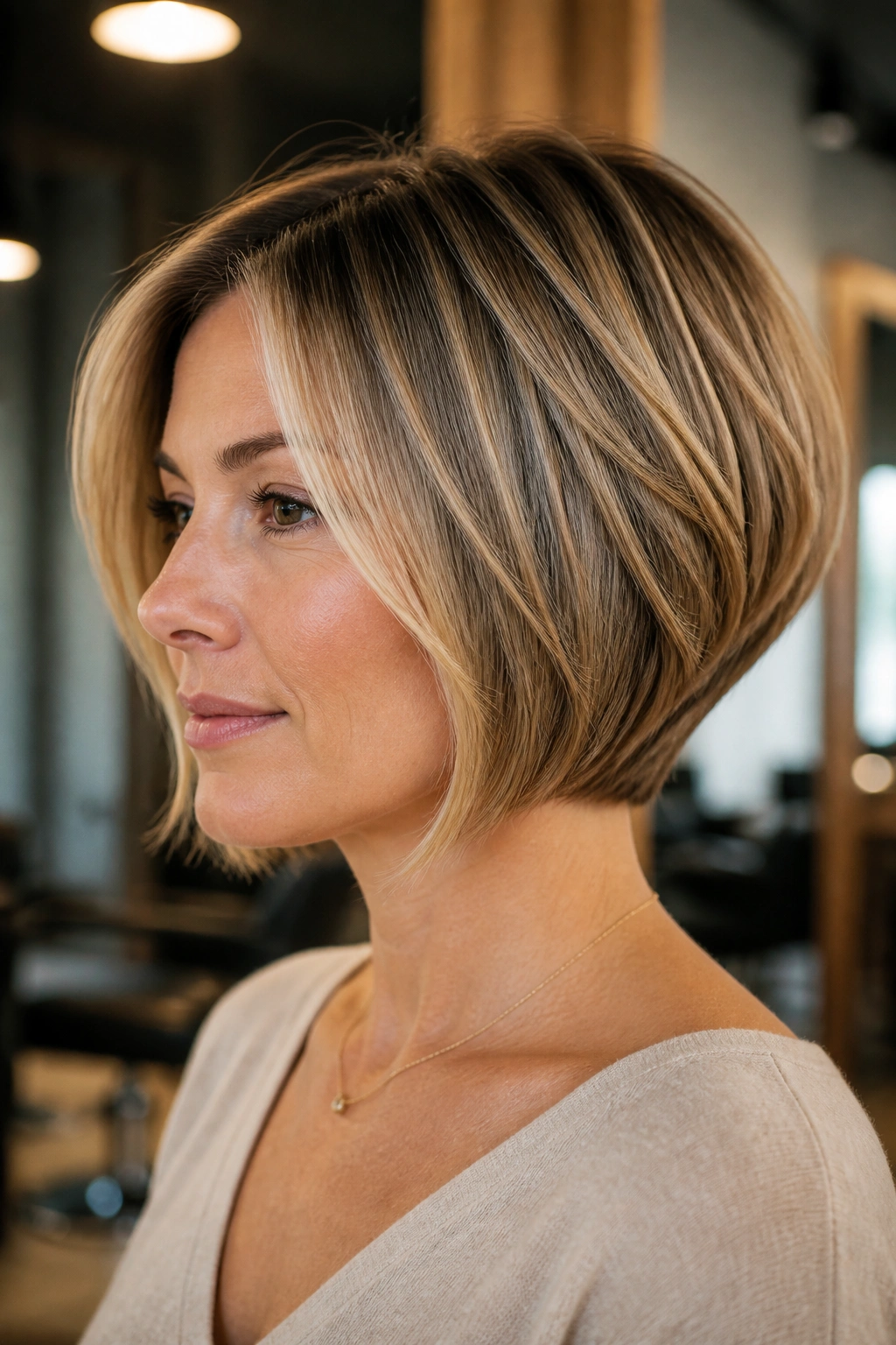 Close-up portrait of a real woman with micro-balayage stacked bob featuring subtle ribbons of light and warm highlights