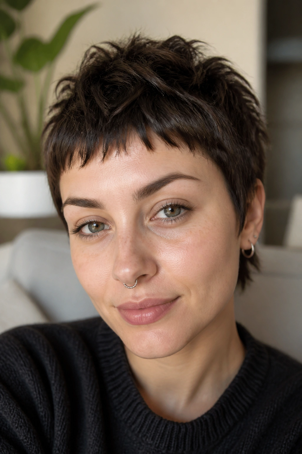 Portrait of a real woman with micro bangs and textured top.