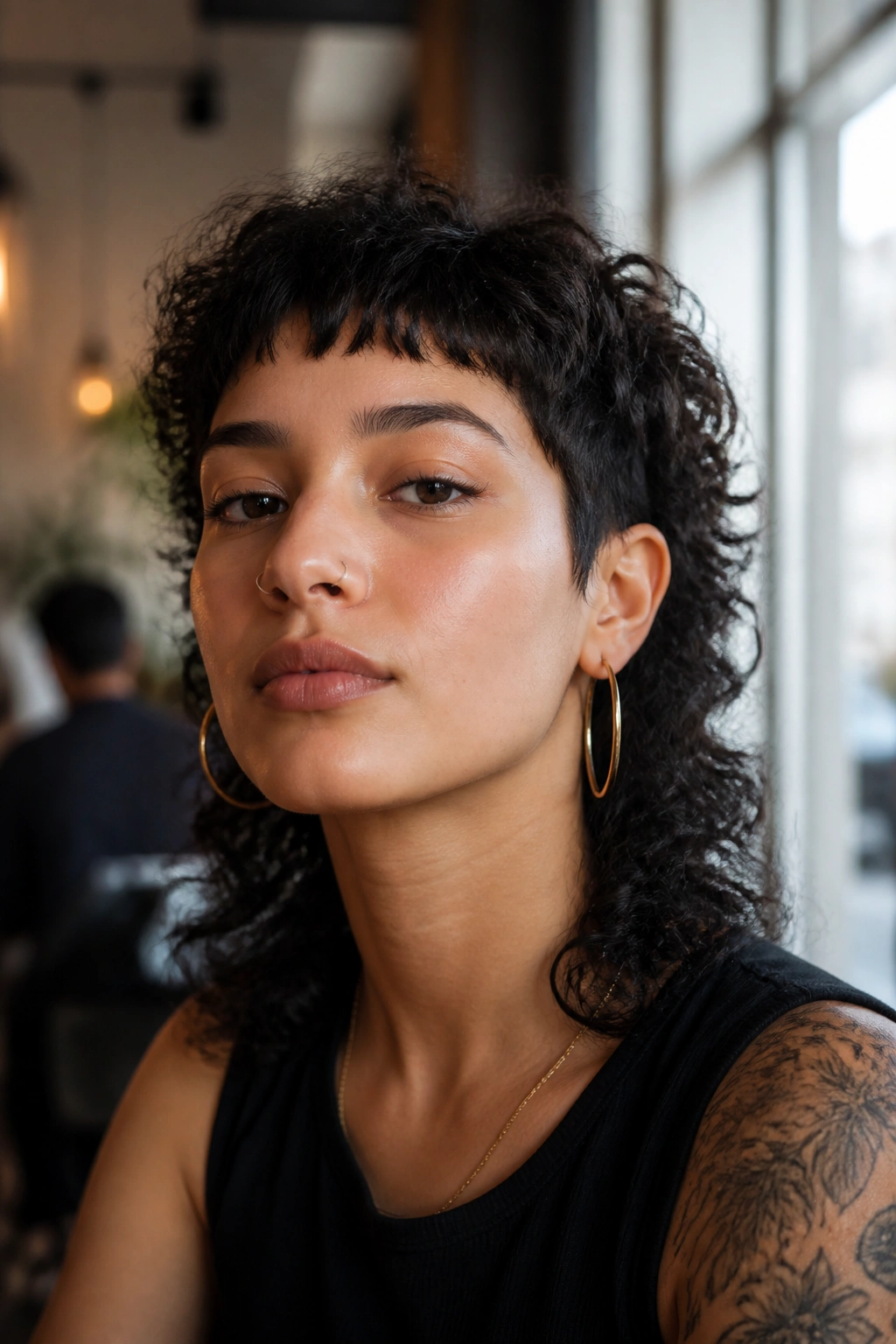 Close-up of a real person with micro-bang curly mullet in an urban cafe setting