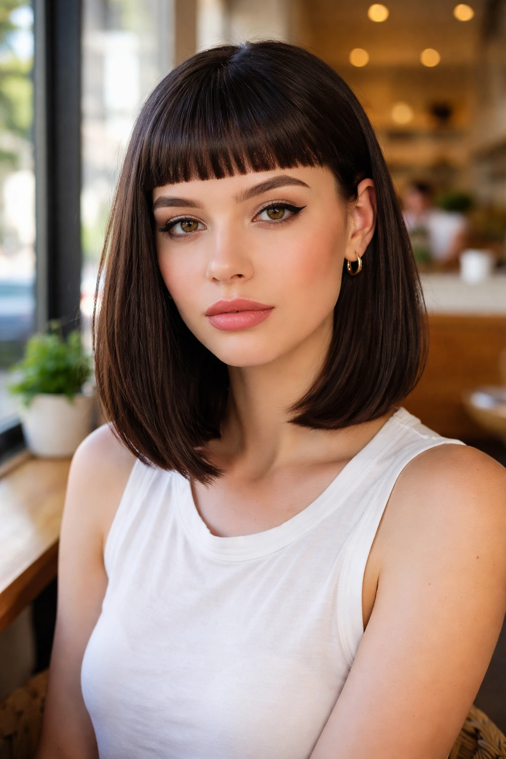 Front portrait of real woman with micro-bangs and sleek lob