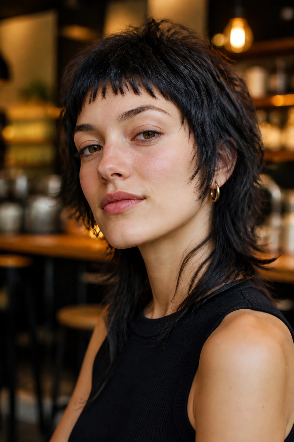 Close-up portrait of a real woman with micro bangs and shaggy mullet in a coffee shop