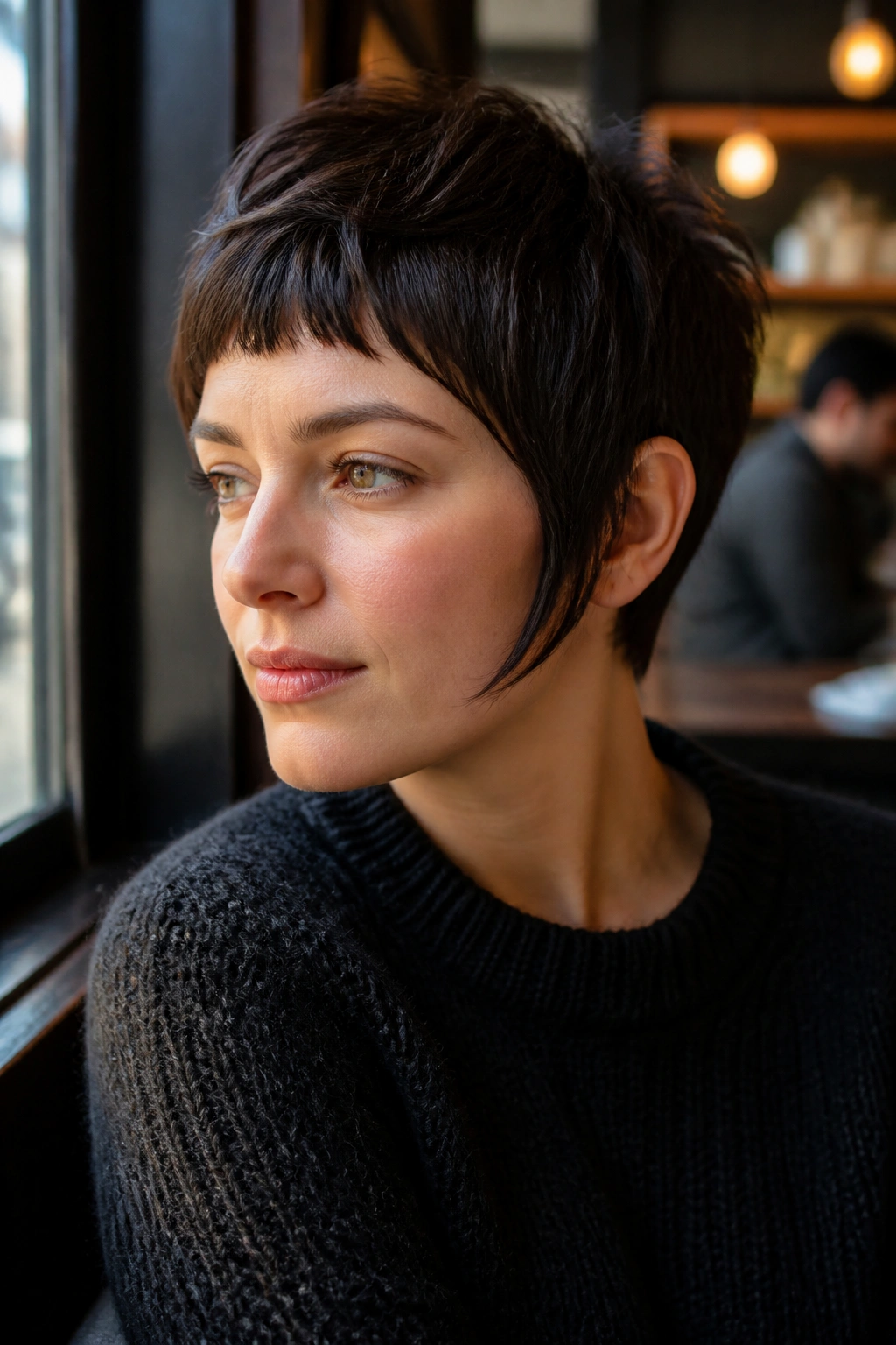 Close-up of real person with micro-bangs and asymmetrical pixie, front fringe above brows.