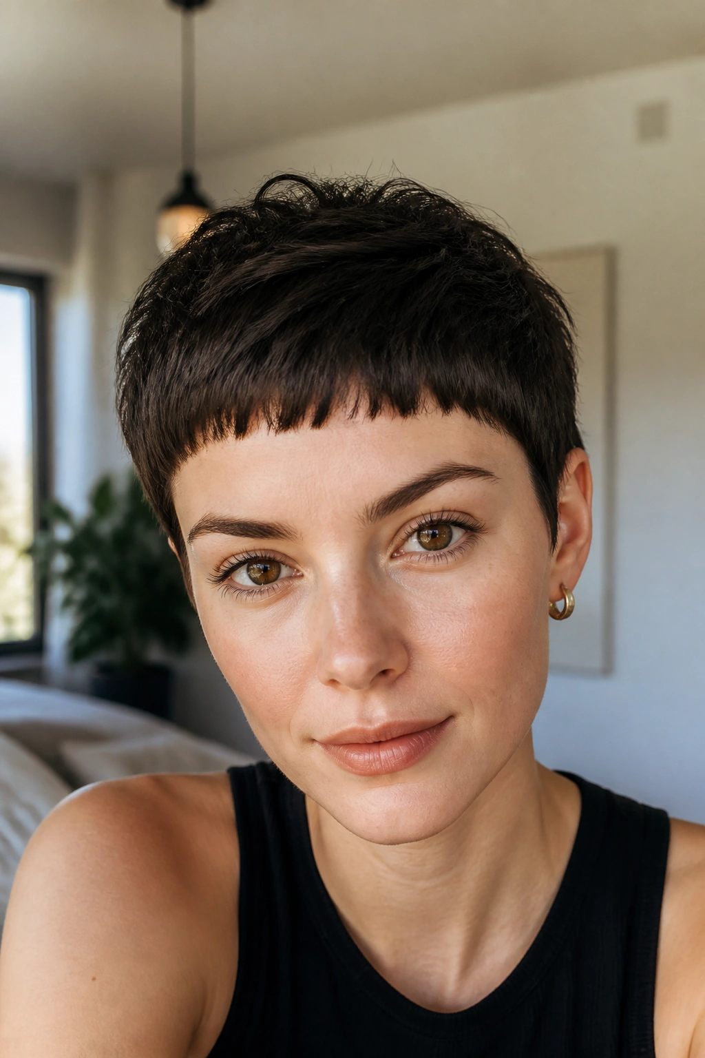 Close-up portrait showing micro bangs above the brows on a real person.