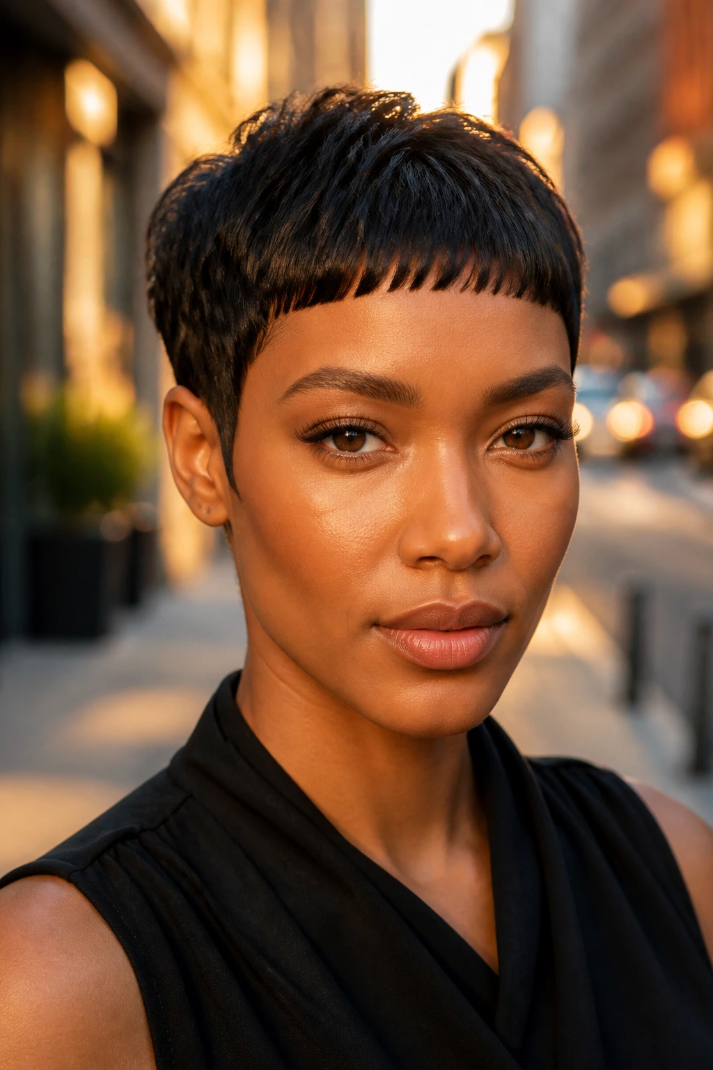 Close-up of a Black woman with micro bangs and sharp edges