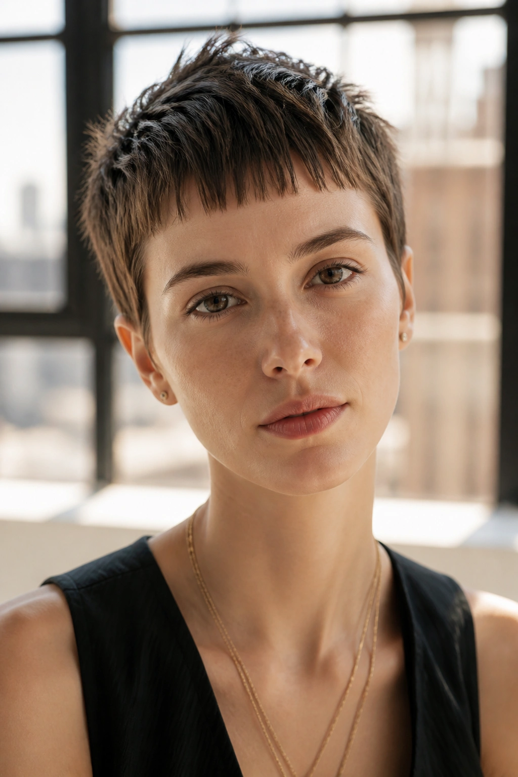 Close-up portrait with micro-bangs textured pixie on a real person in sunlit loft