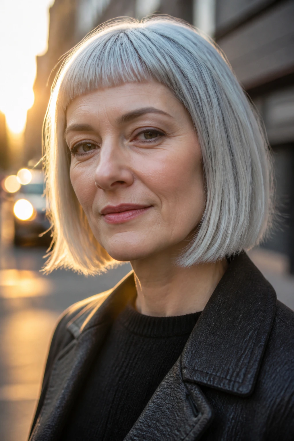 Close-up portrait of a real woman with micro bang silver bob