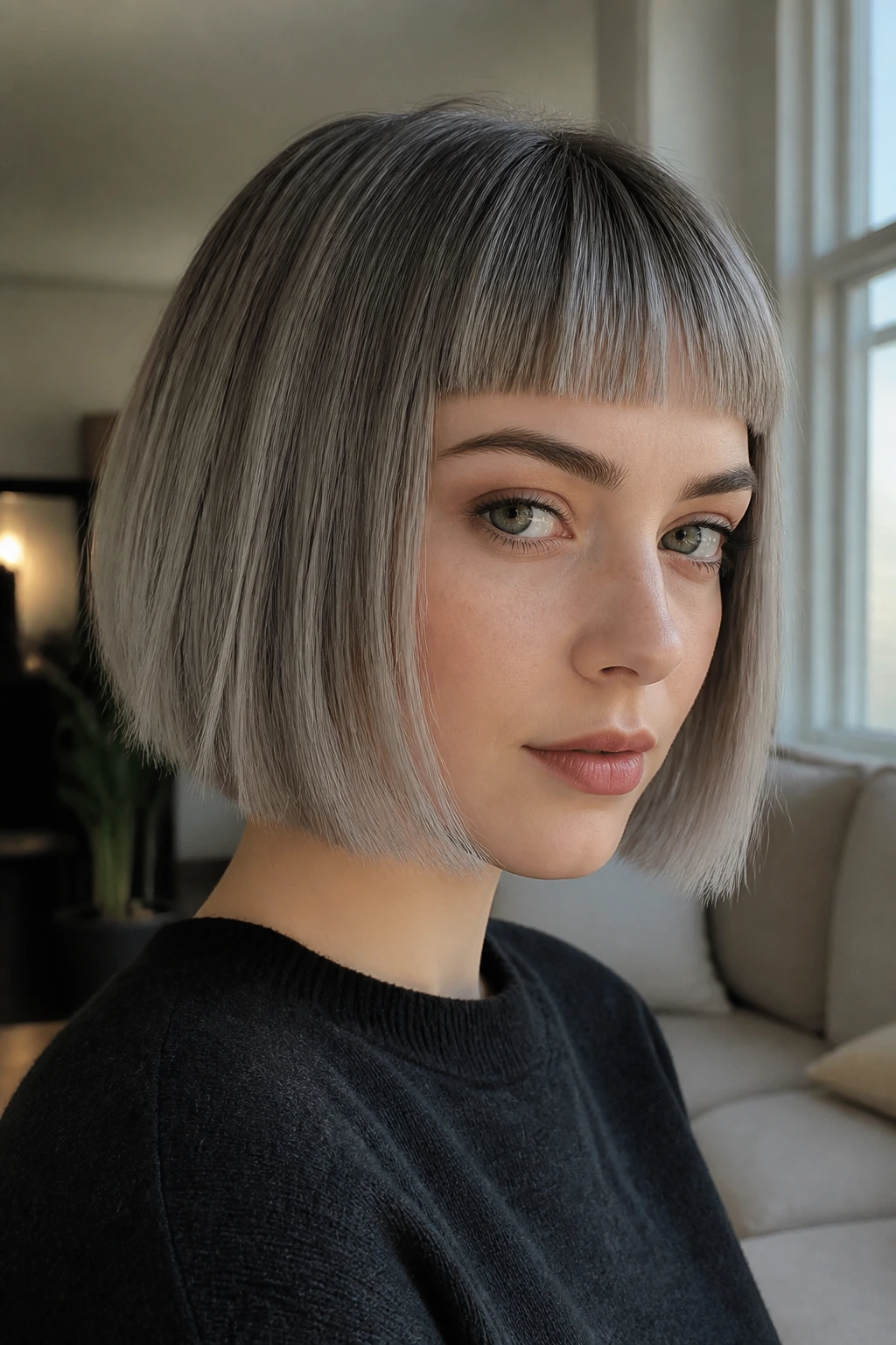 Close-up of a real woman with micro bangs and ash bob, sharp fringe framing the eyes.