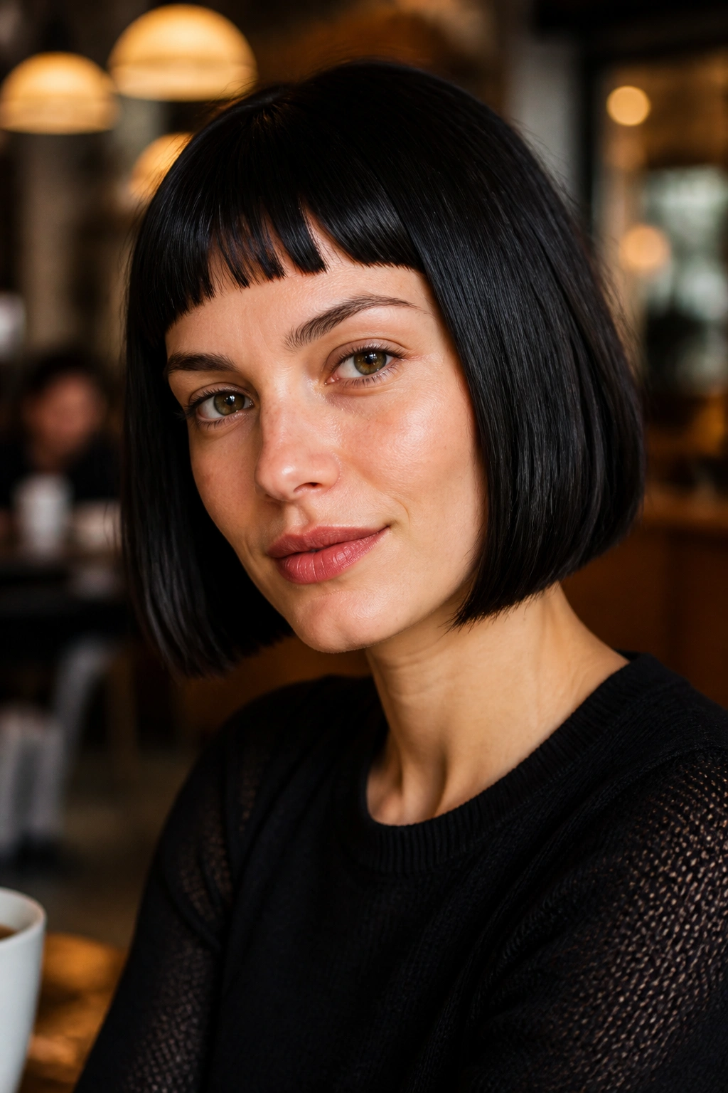 Close-up of micro bangs with a bob on a real woman in cafe interior light