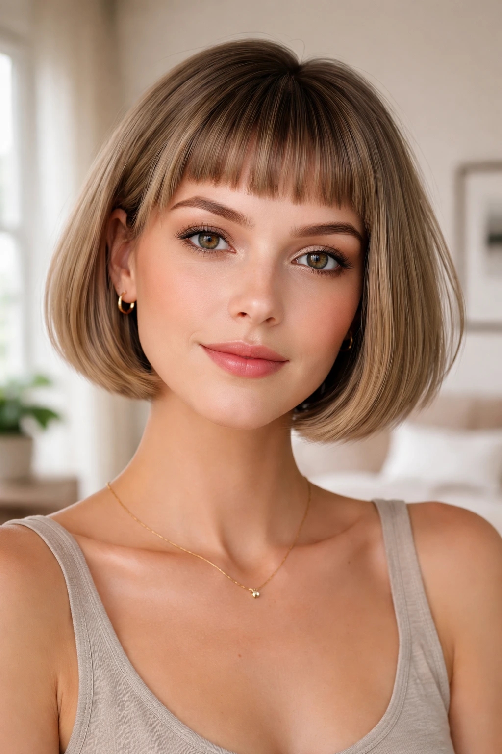 Close-up of a woman with micro-bangs bob framing the face