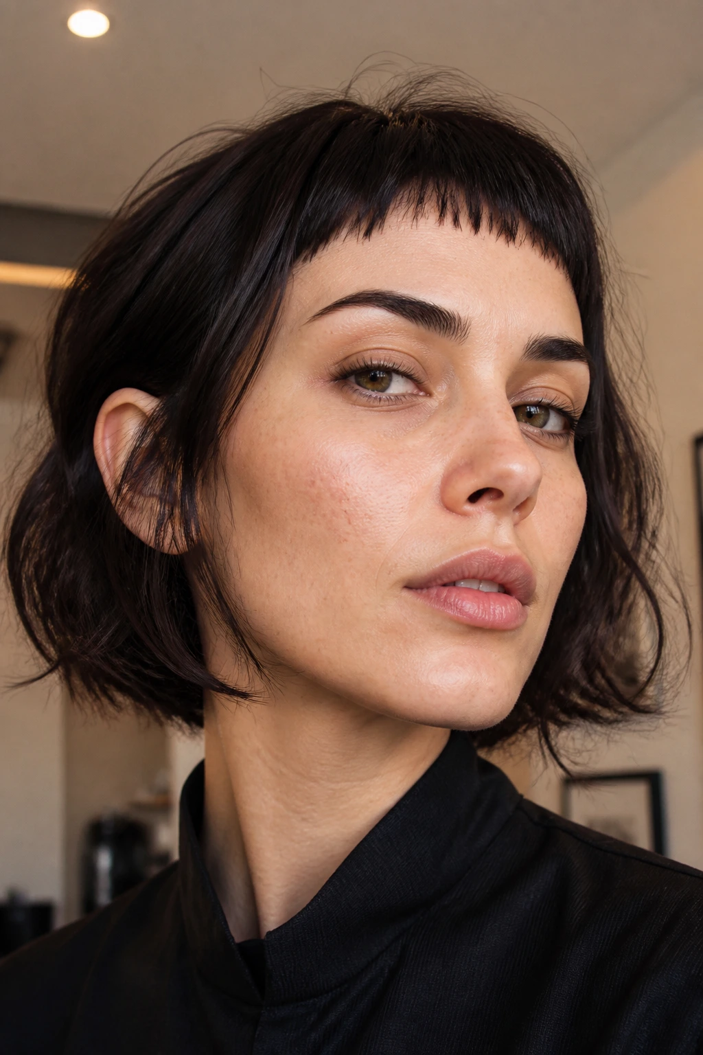 Real woman with micro bangs in a modern interior, posing for a close-up