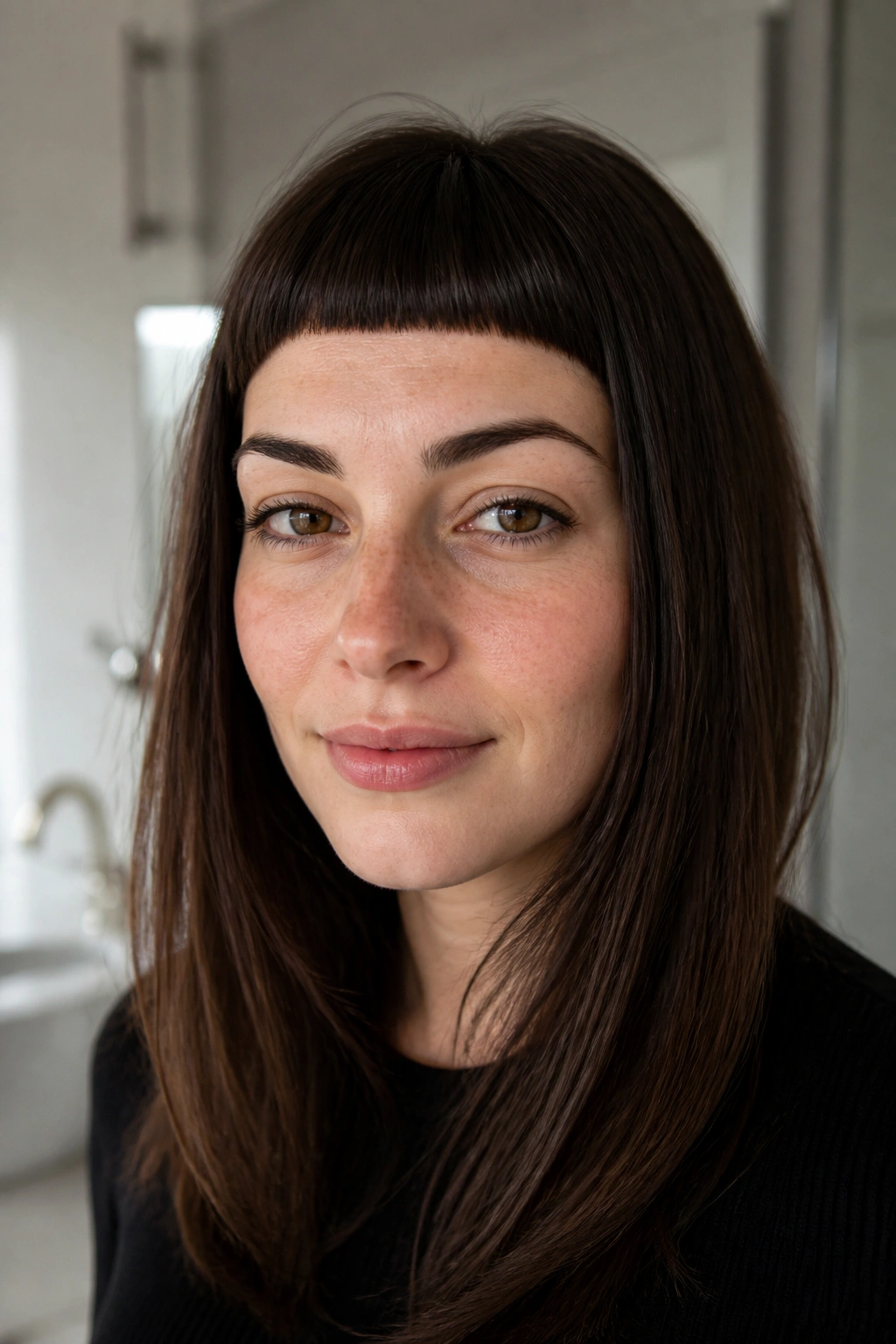 Close-up of a real woman with micro bangs and a clean edge