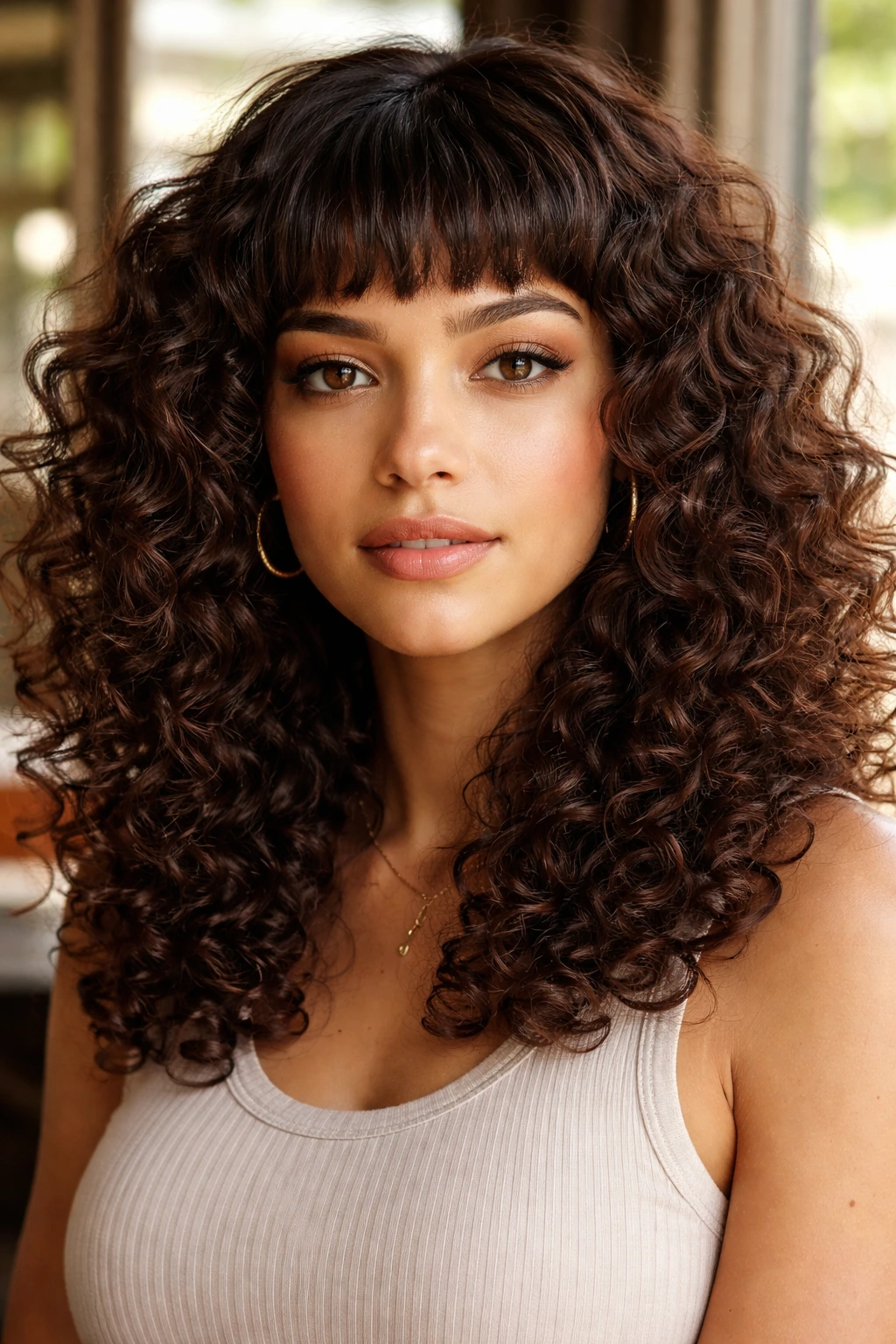 Close-up of a real person with chocolate micro bangs and curly hair