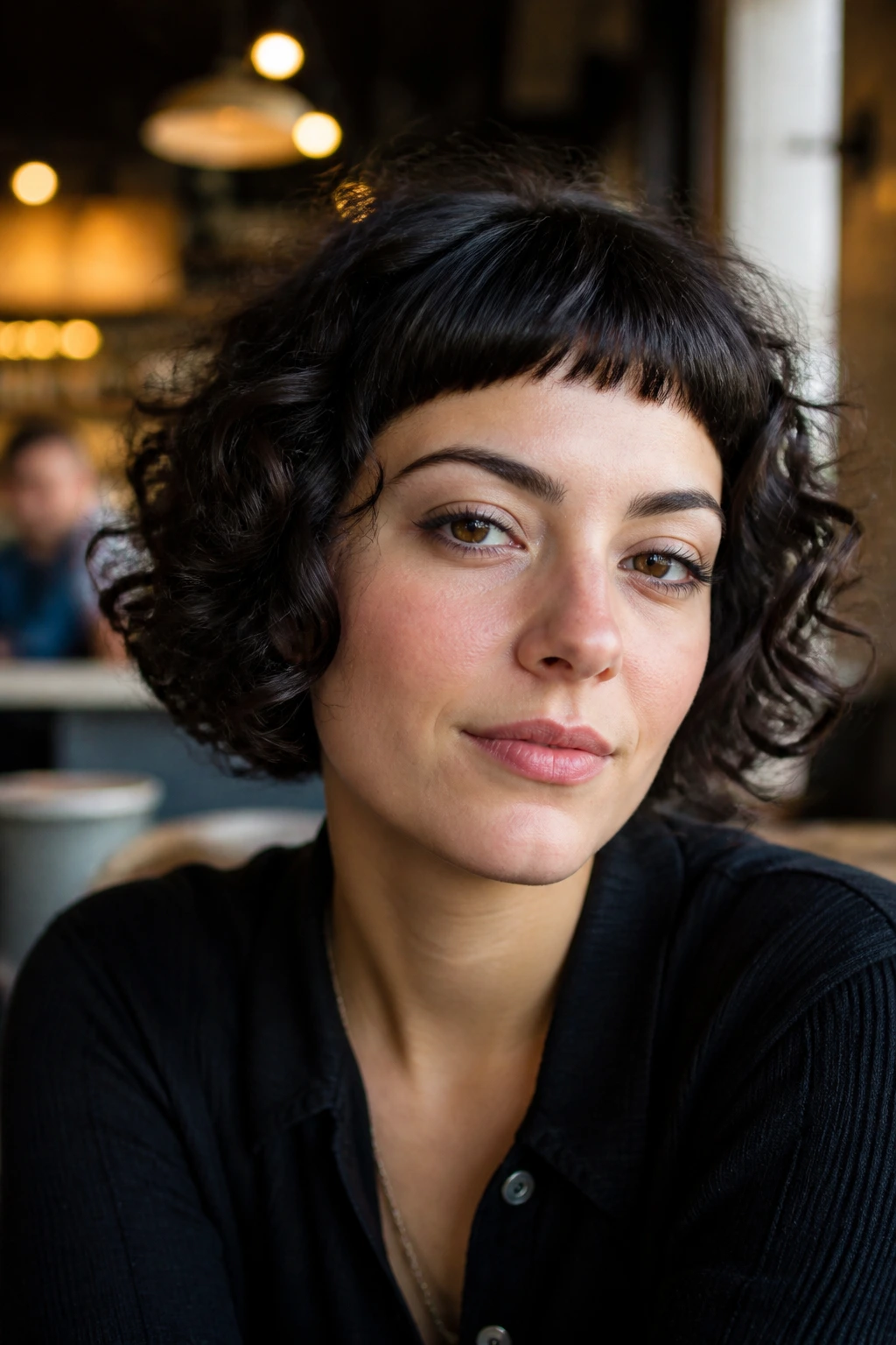 Close-up of a real woman with micro-bangs in a curly bob