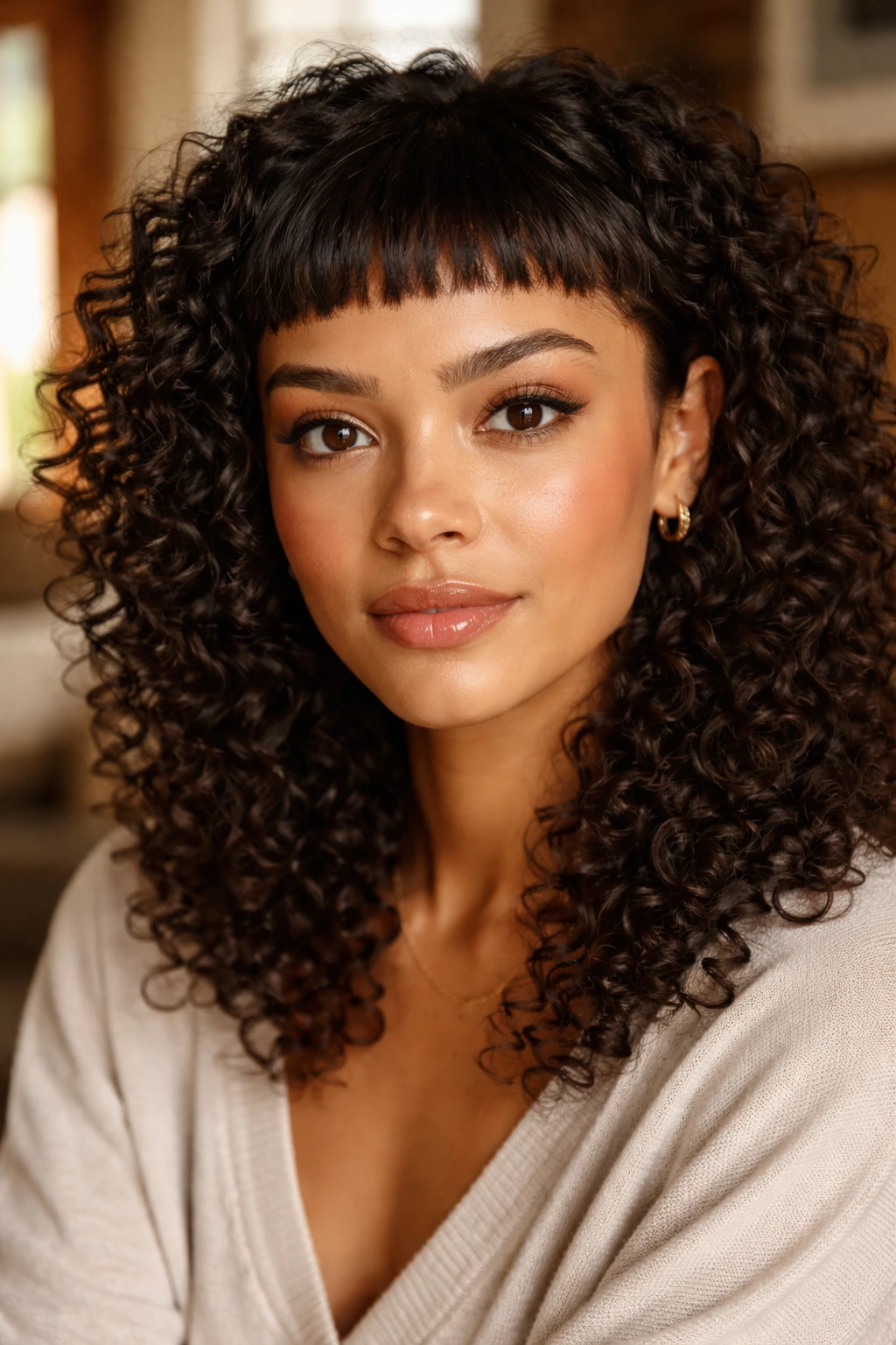 Close-up portrait of a real person with micro-bangs on curly hair in warm window light