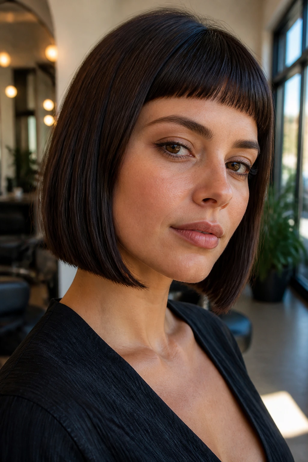 Close-up portrait of a real woman with micro bangs and an espresso bob