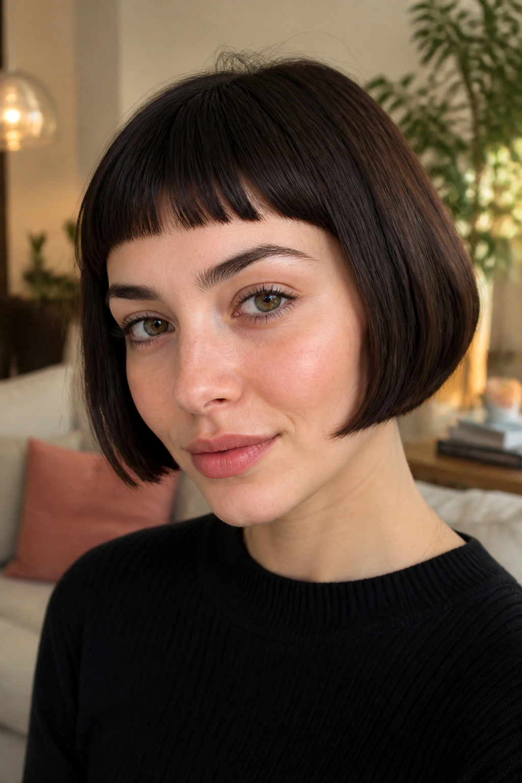 Close-up of a woman with micro bangs French bob in a cozy living room