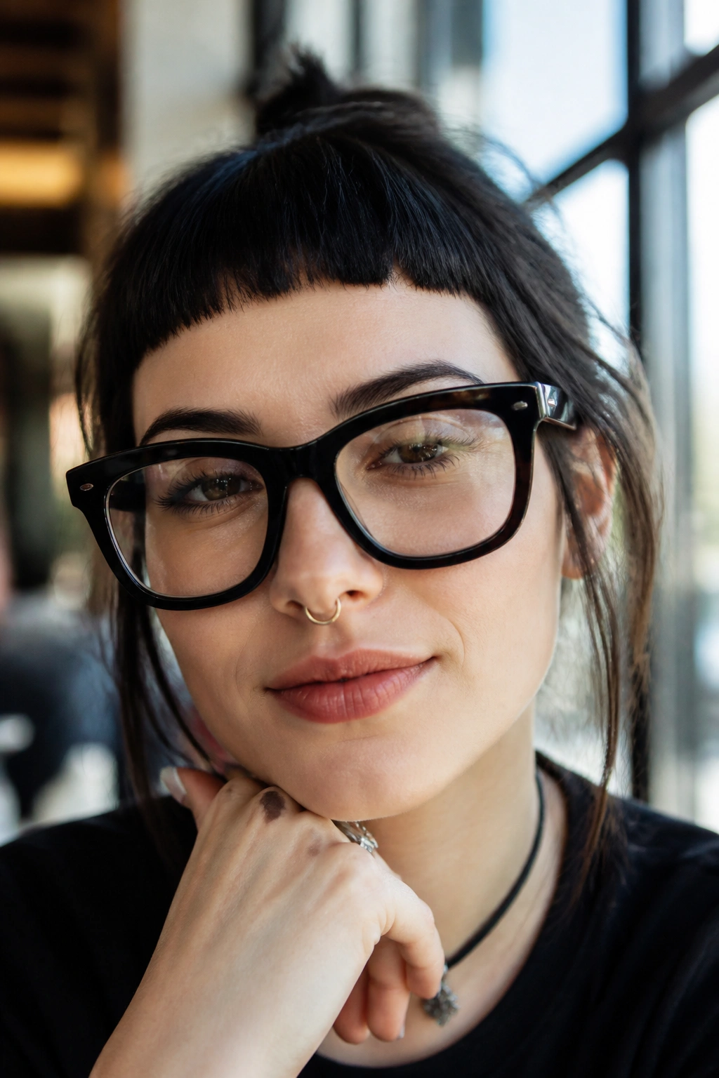 Close-up portrait of a real woman with micro bangs and thick glasses