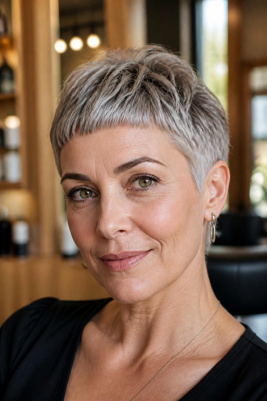Close-up portrait of a real person with micro bangs and a soft grey pixie in a salon
