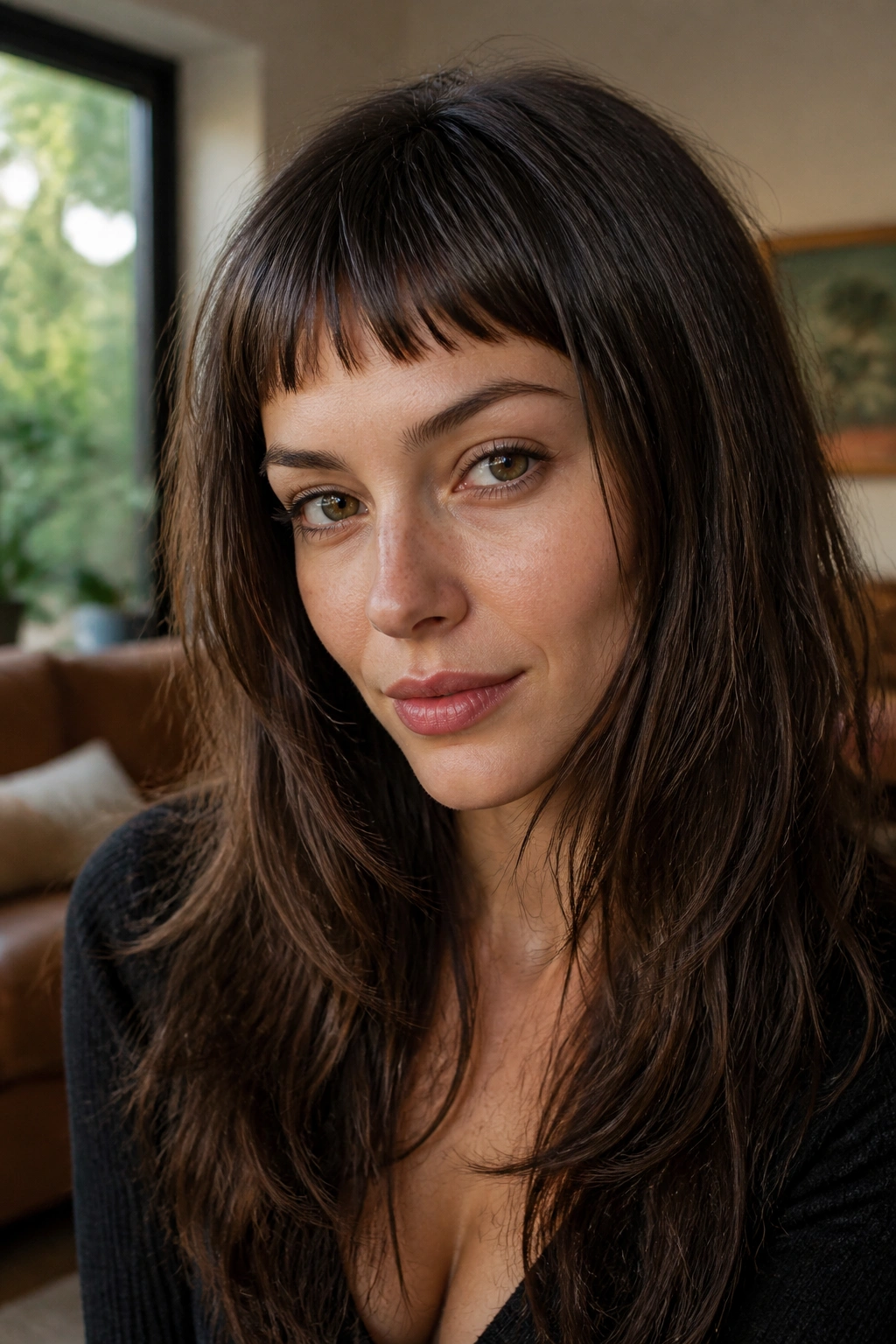 Close-up portrait of a real person with micro bangs and long layers in soft daylight