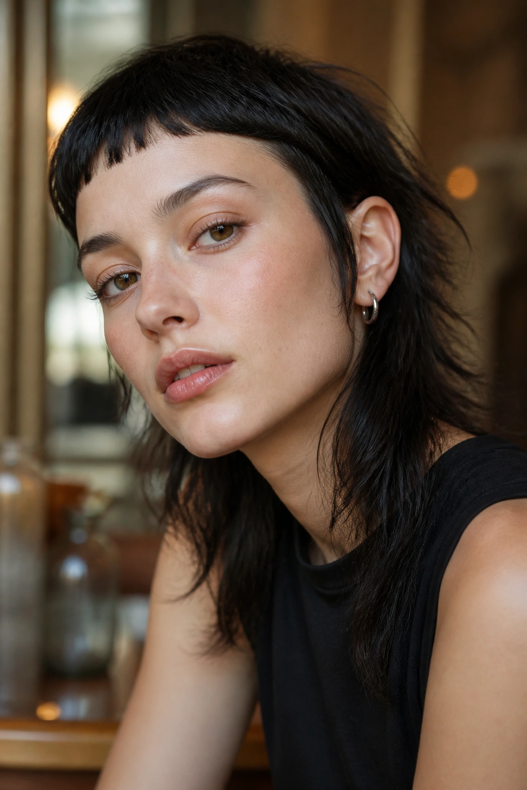 Close-up portrait of a real person with micro bangs and a mullet under warm cafe lighting