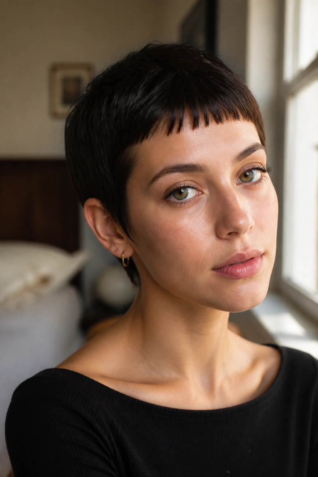 Close-up portrait of a real woman with micro bangs and a pixie cut under natural window light