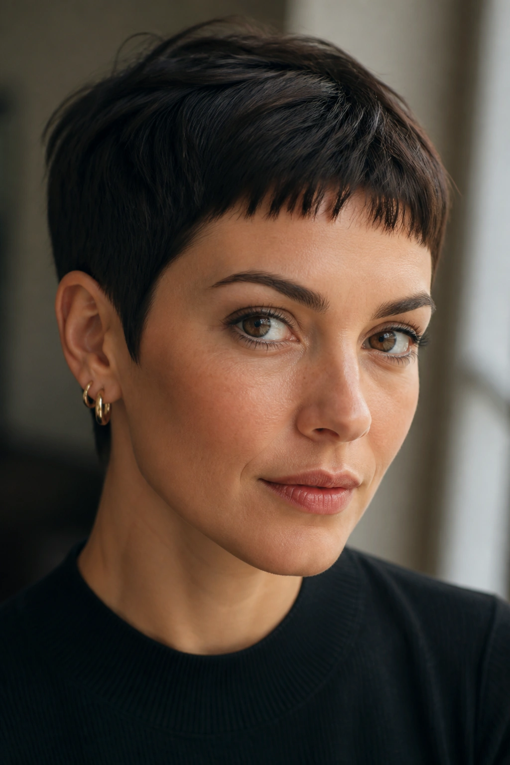 Close-up of a real woman with micro bangs and deep brunette pixie