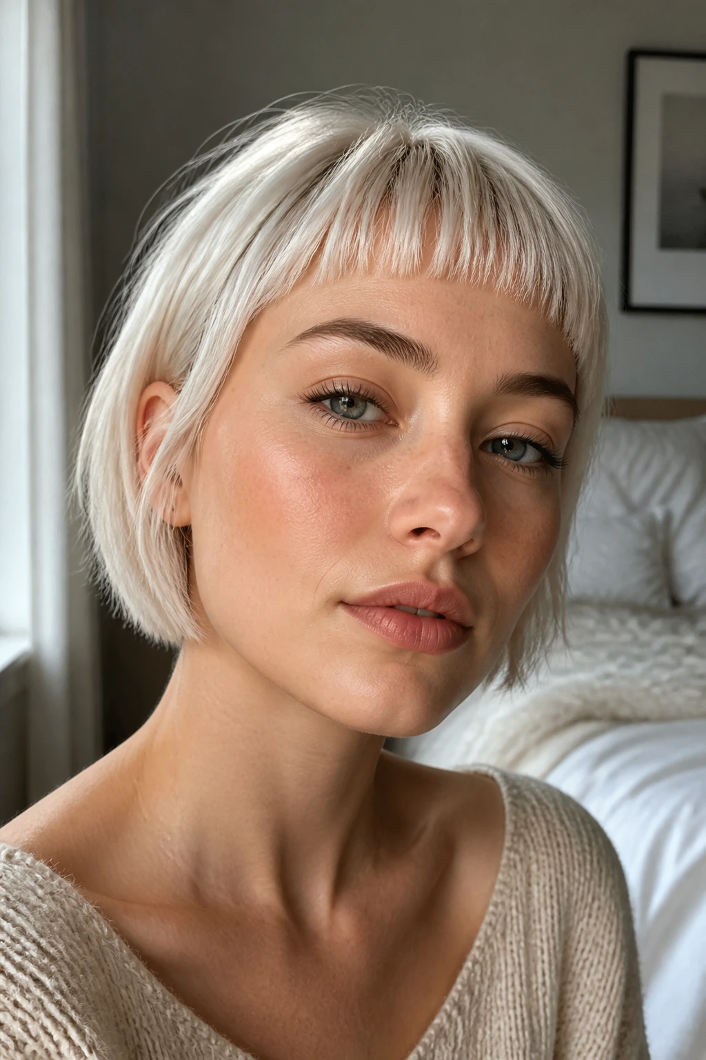 Close-up of a real person with airy micro bangs in soft platinum blonde.