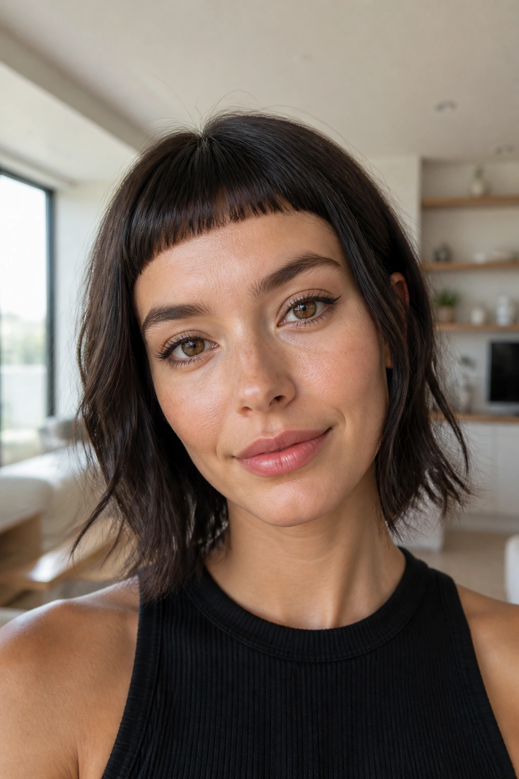 Portrait of a woman with micro bangs in a bright living room