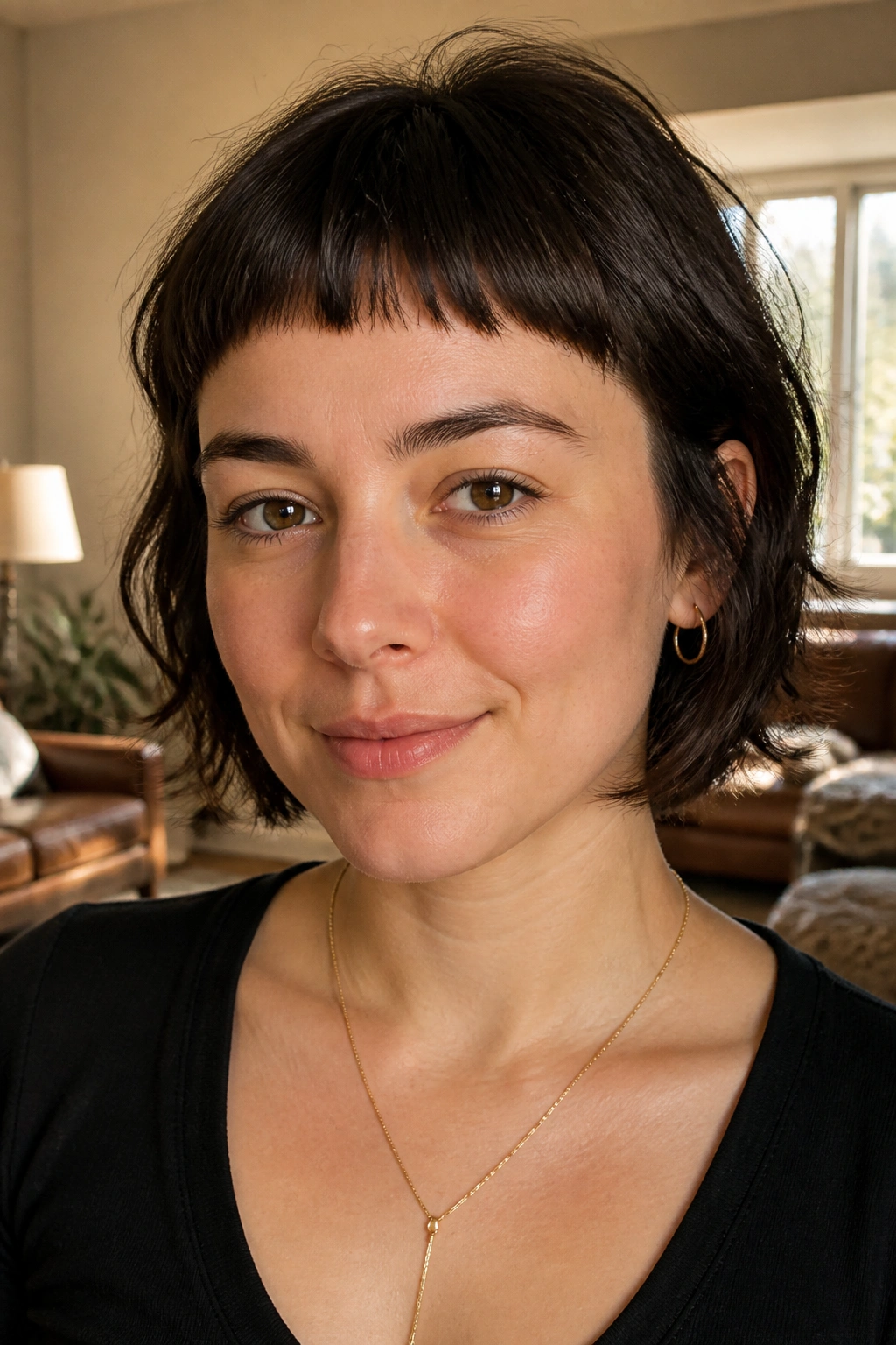 Close-up portrait of a woman with micro bangs above the brow in warm natural light