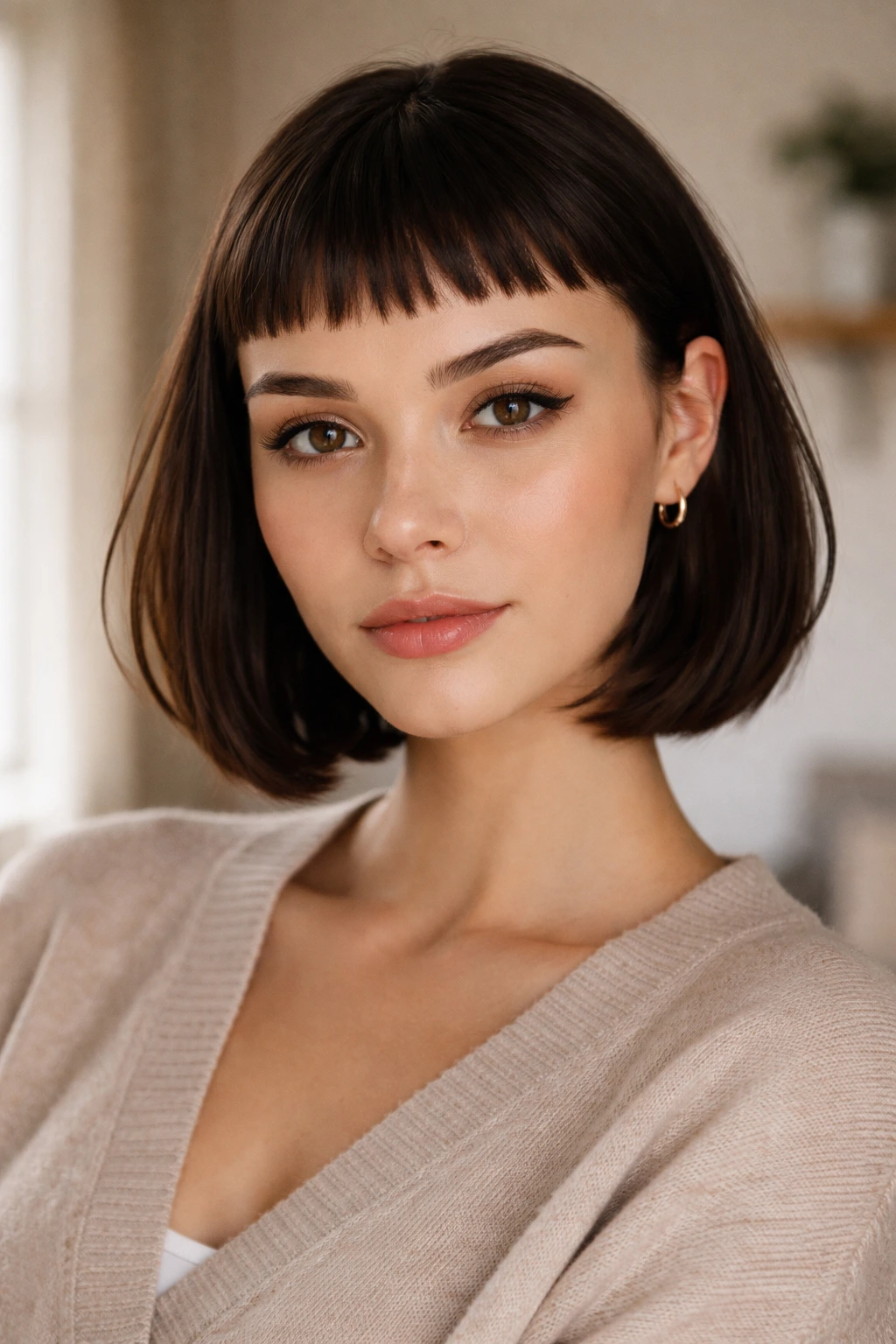 Close-up portrait of a real woman with micro bangs in a cozy room