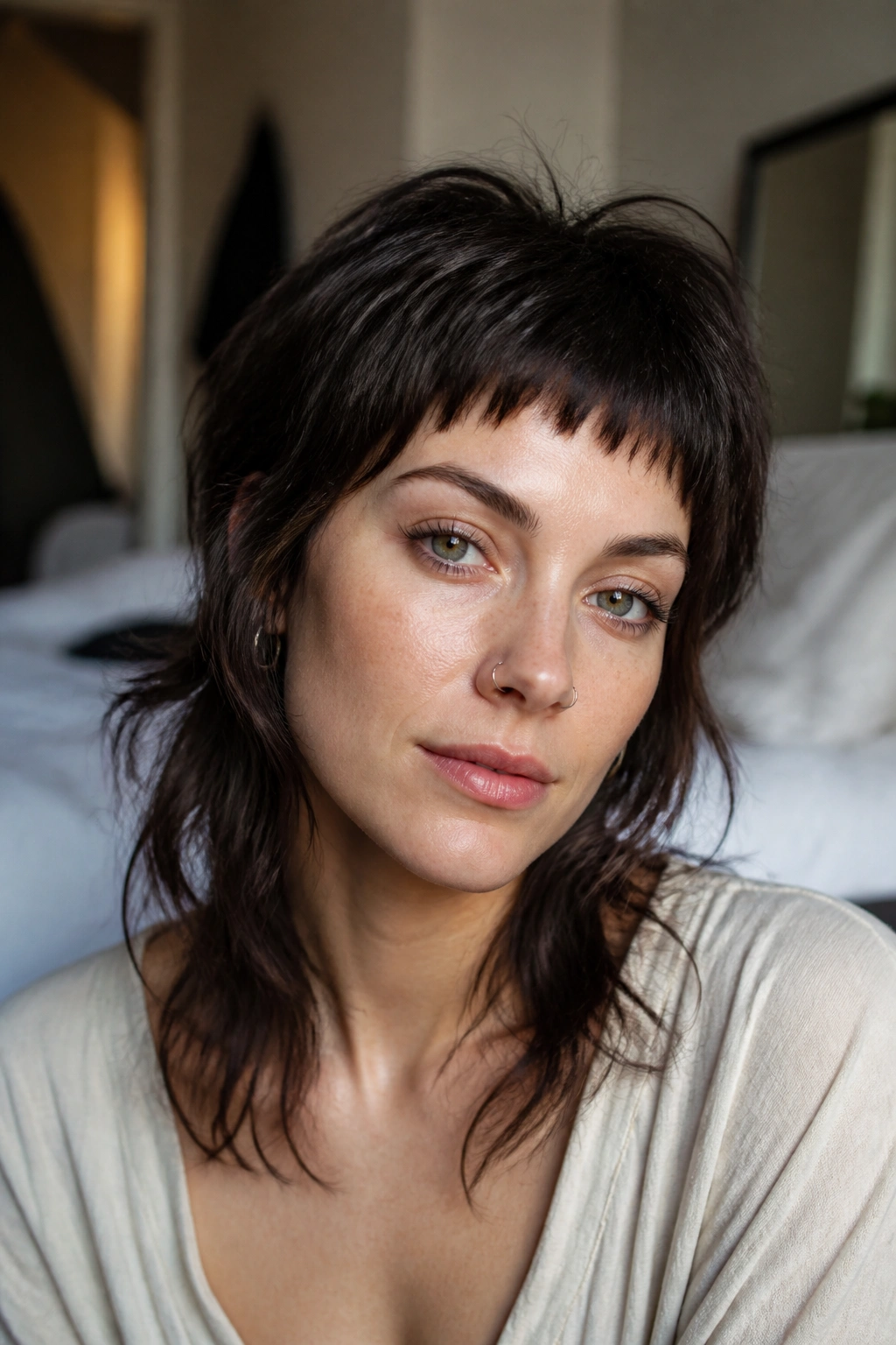 Close-up portrait of a real woman with micro bangs and shag cut under warm natural window light