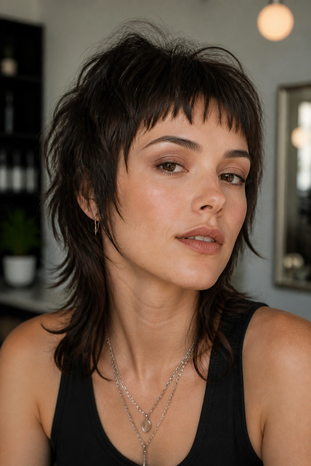 Close-up portrait of a real woman with micro-bang shag mullet and bold fringe.