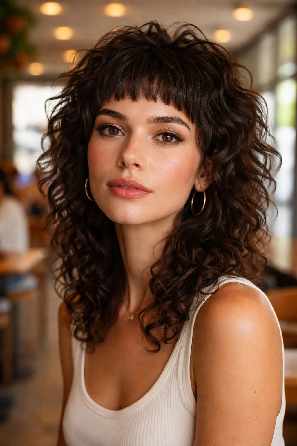 Close-up of a real person with micro-bangs shag hairstyle.