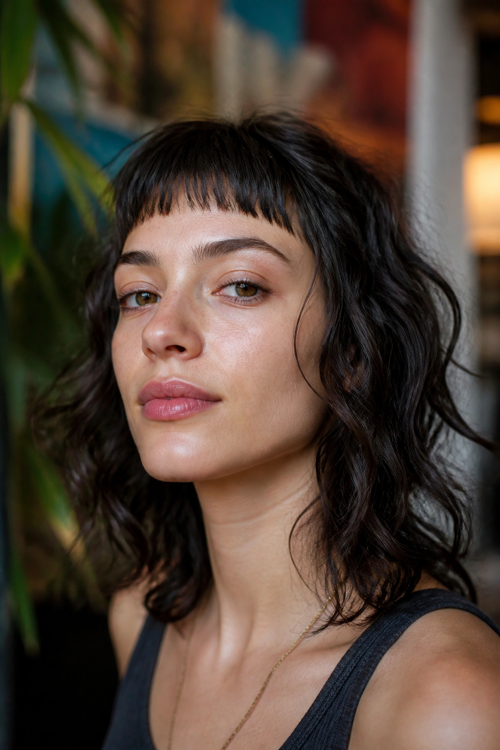 Close-up of a real person with micro bang shag and textured waves