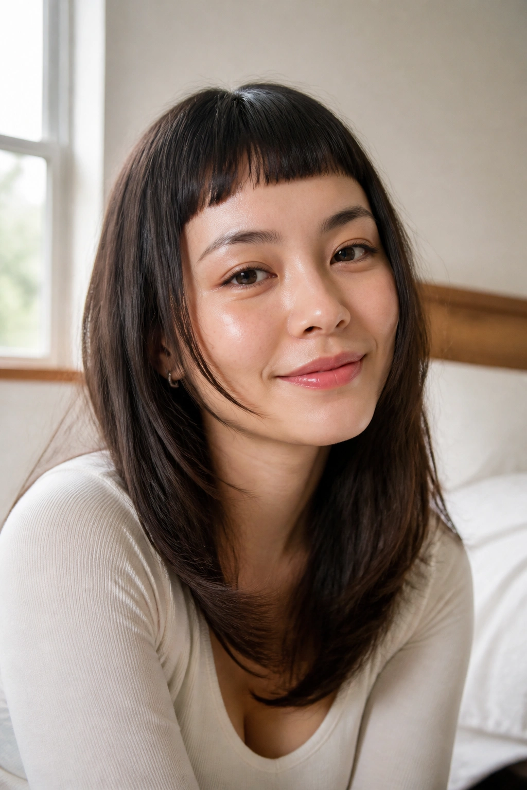 Close-up portrait of a real woman with micro bangs and soft edges.