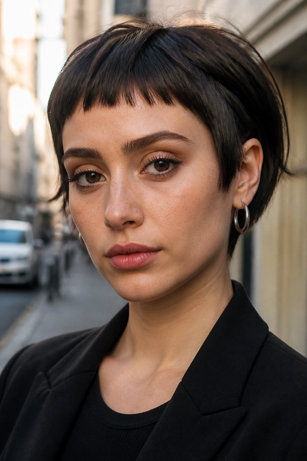 Close-up of micro bangs with tapered sides on a real person