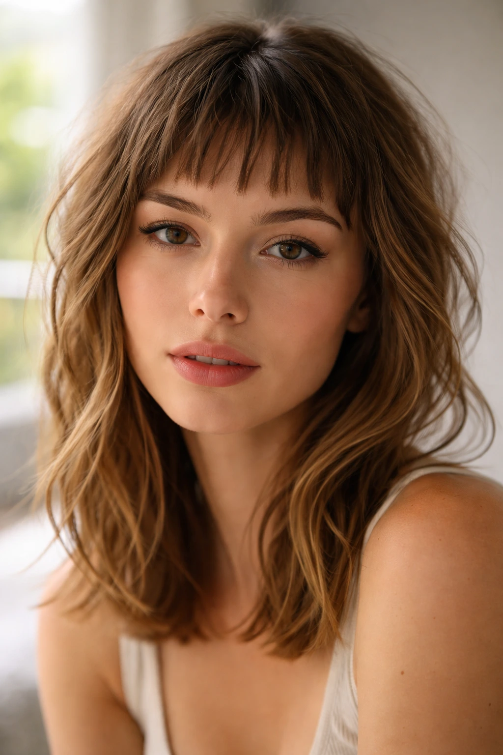 Portrait of a real woman with micro French bangs texture