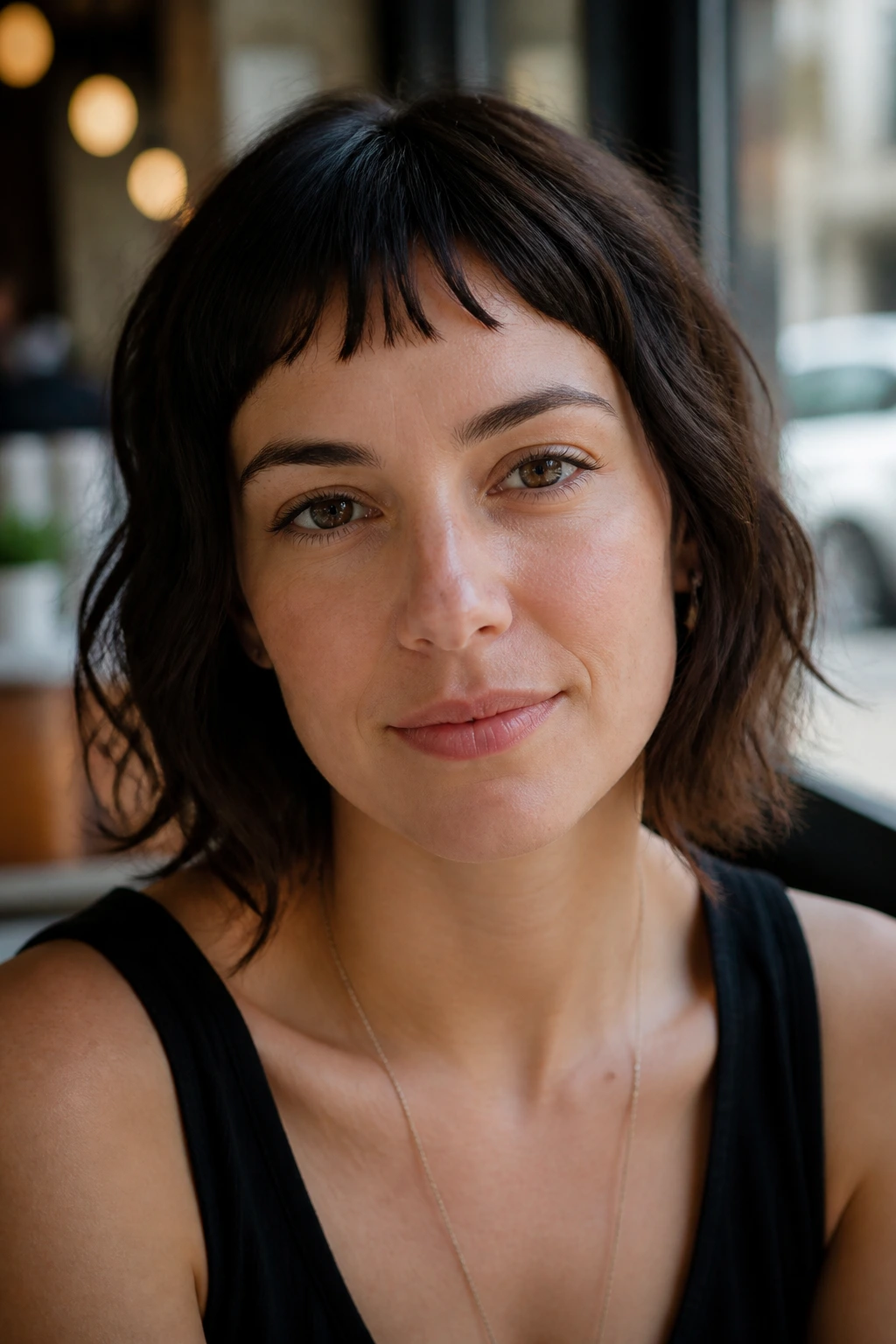 Close-up of a woman with textured micro bangs and soft temple-length sides