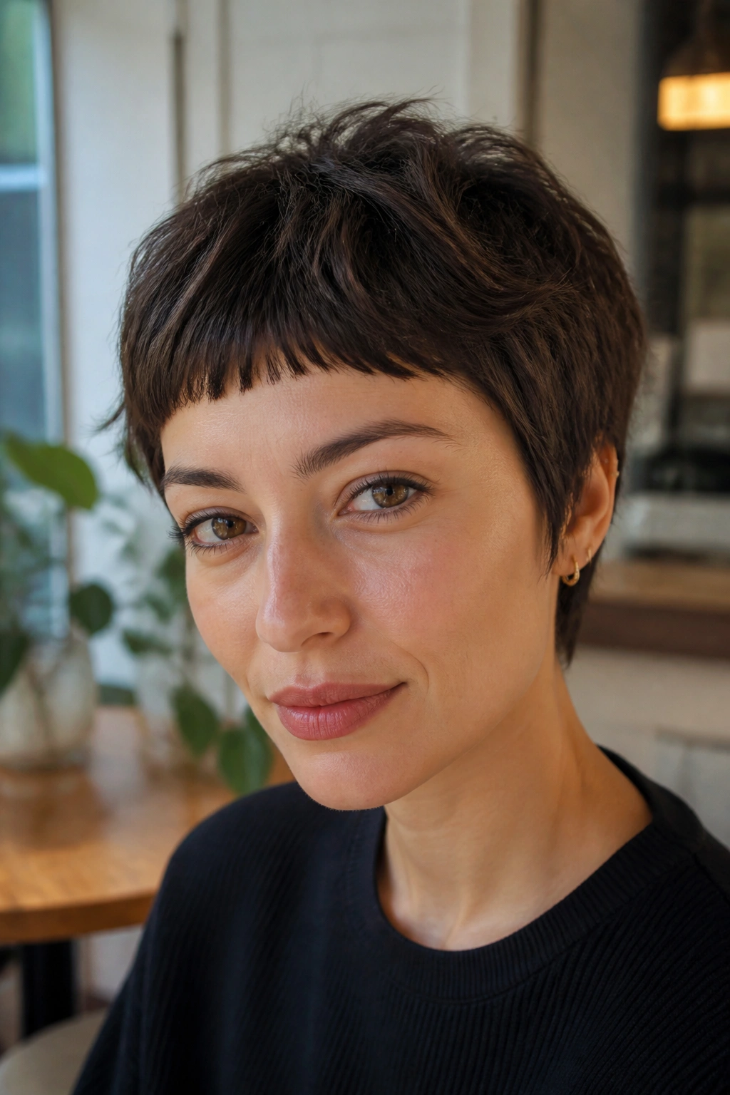 Portrait of a real person with micro bangs and tousled crop in a daylight setting.