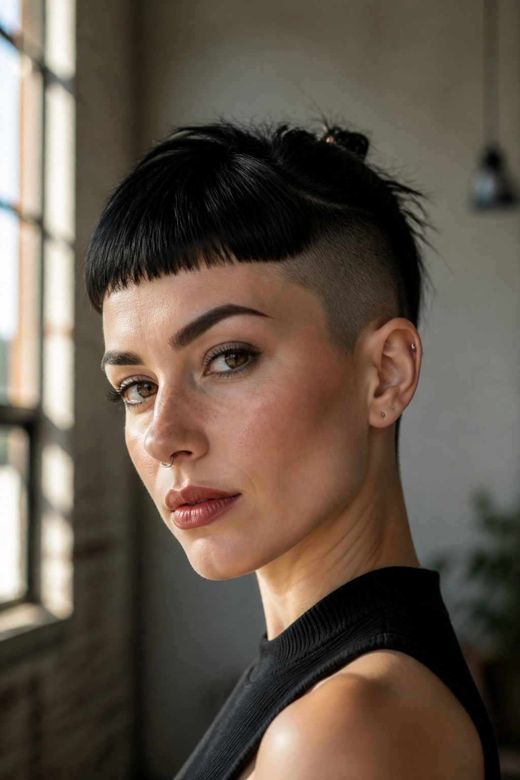 Close-up portrait of a real person with micro bangs and an undercut under daylight
