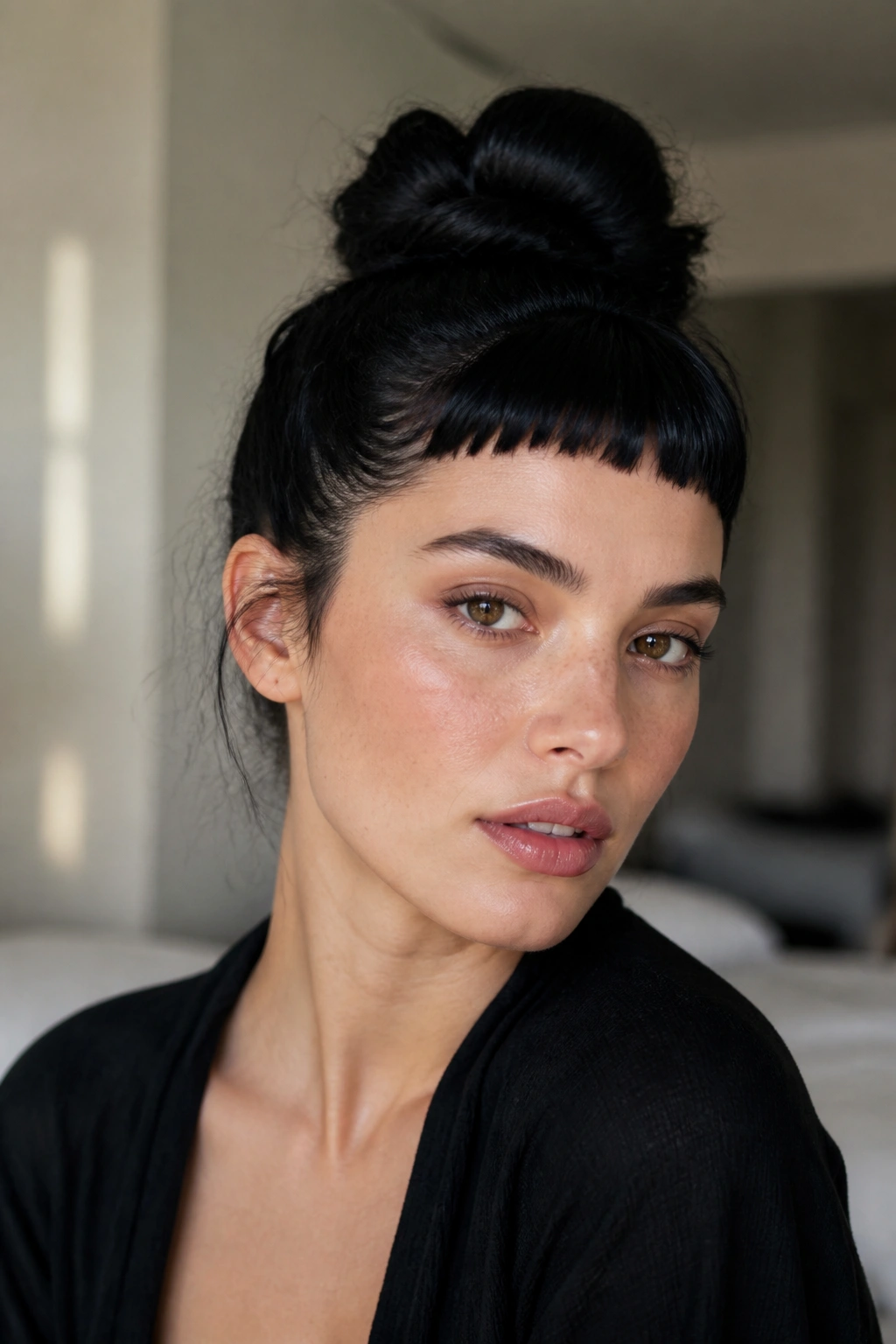 Close-up of a real woman with micro bangs peeking from a high bun in warm bedroom light