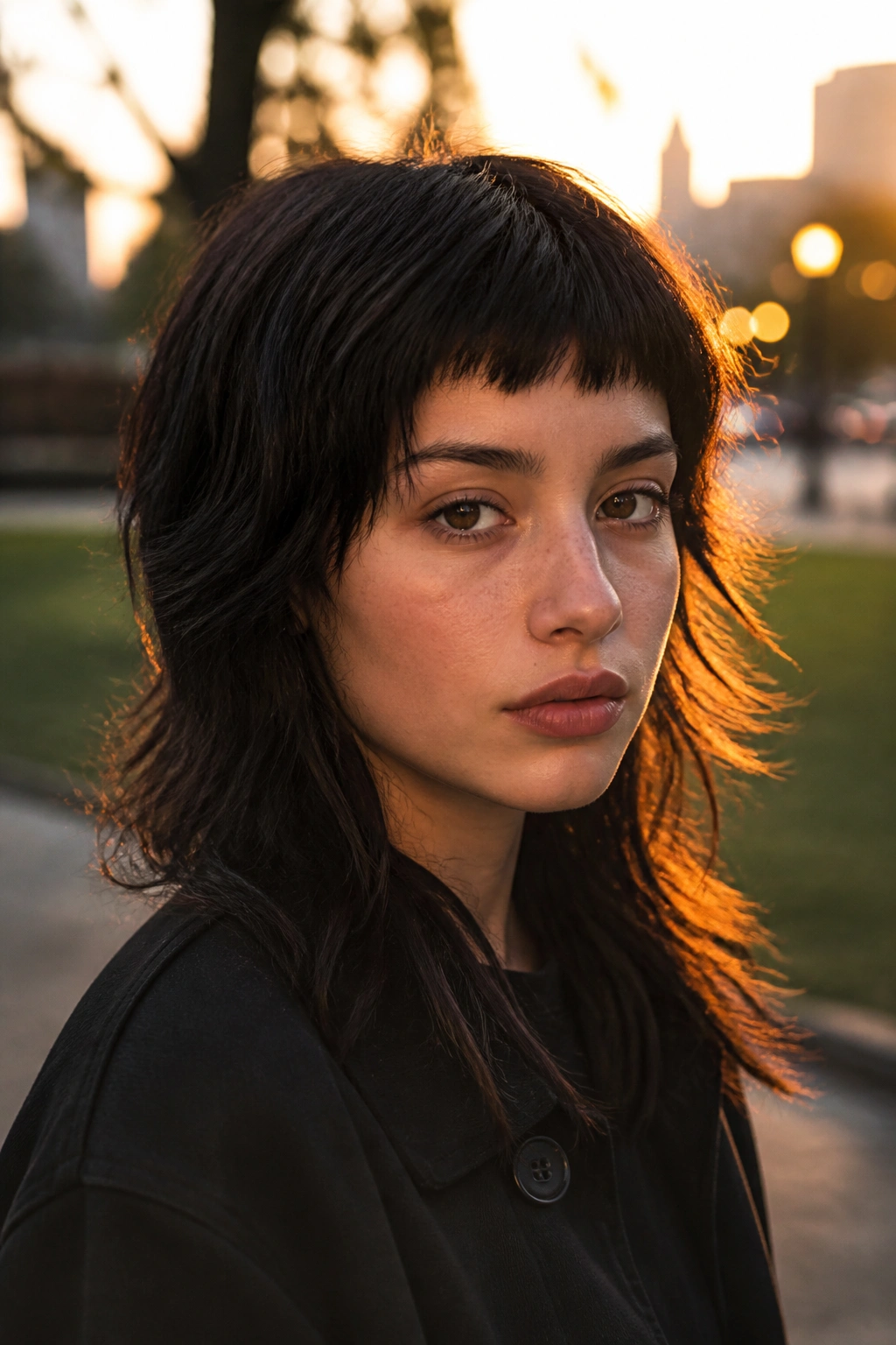 Close-up portrait of a real person with micro bangs and a wolf cut in soft outdoor light