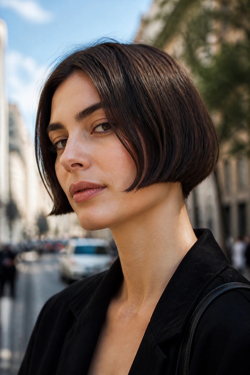 Real woman with a micro bob above the jawline in outdoor light