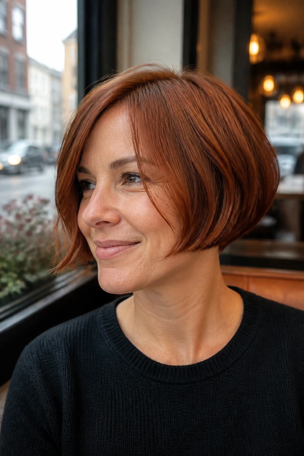 Close-up of a real person with a micro bob and soft edge in auburn copper