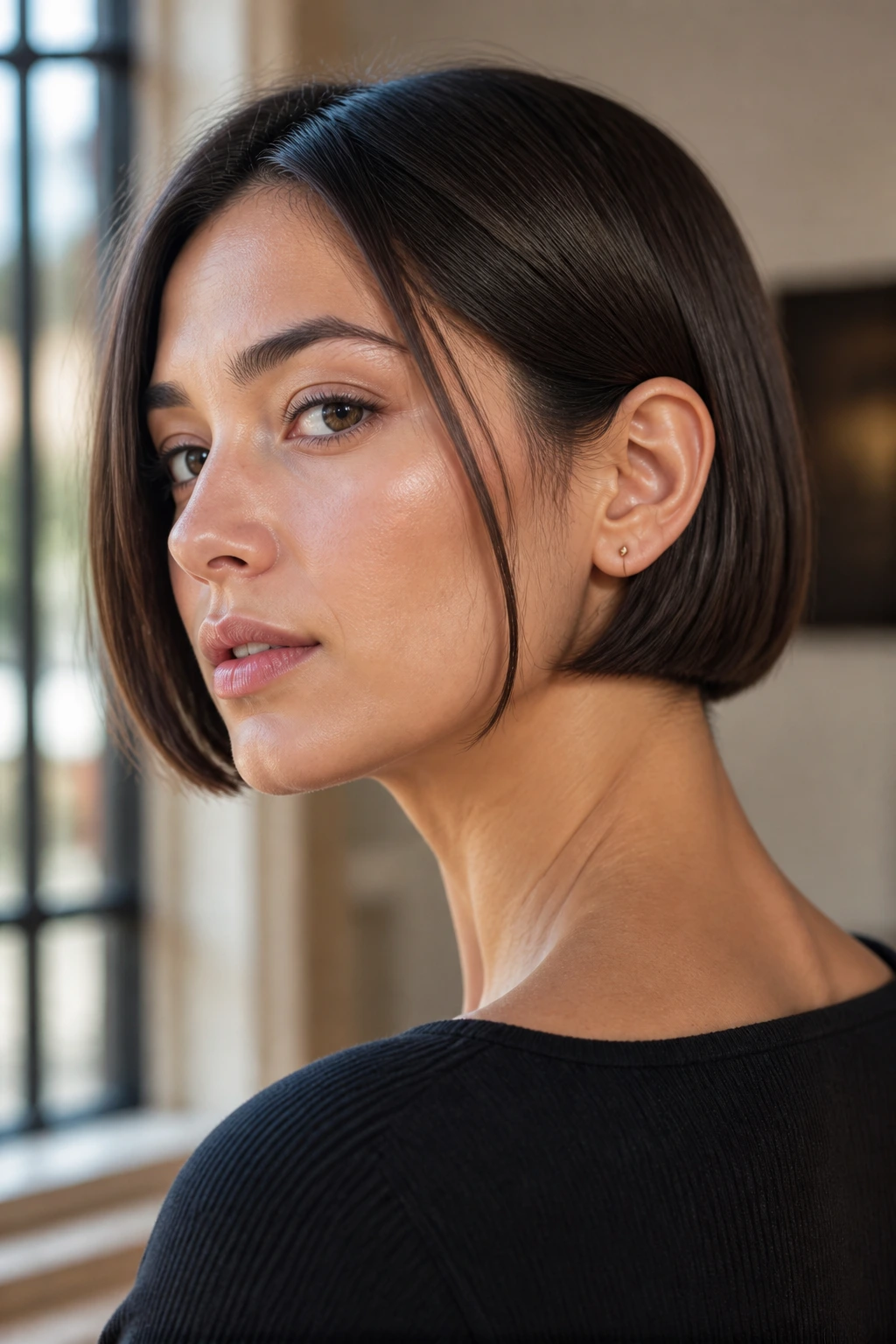 Close-up portrait of a real woman with a micro bob, blunt short cut exposing the neck