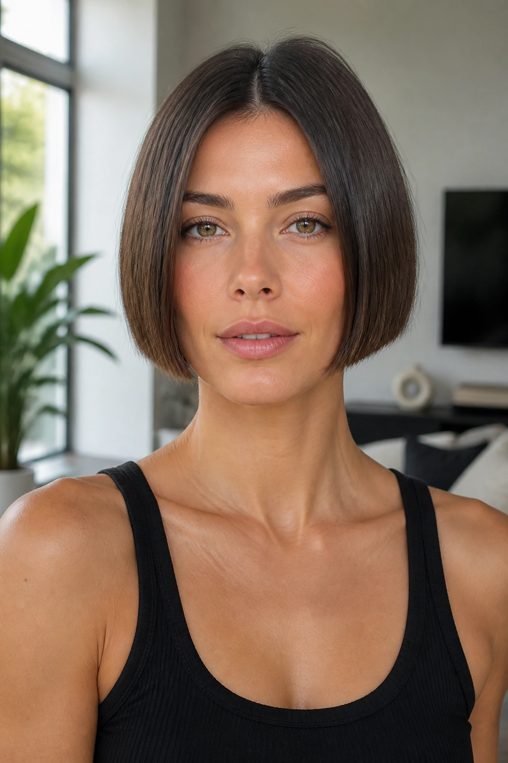Close-up of a real person with a micro bob in a bright living room